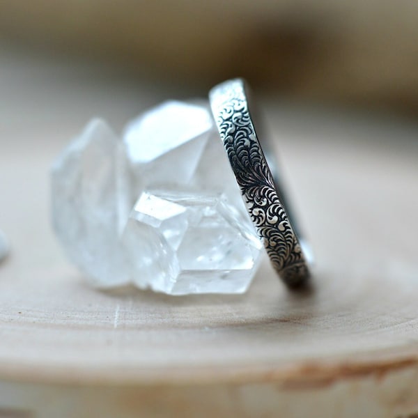 Floral Sterling Silver Stacking Ring: Oxidized Silver Band