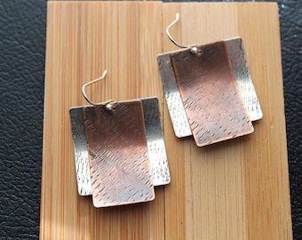 Mixed Metal Earrings, silver and copper earrings, modern earrings, handmade jewelry, rustic metal earring