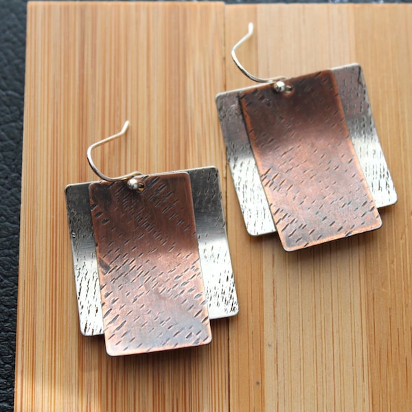 Mixed Metal Earrings, silver and copper earrings, modern earrings, handmade jewelry, rustic metal earring