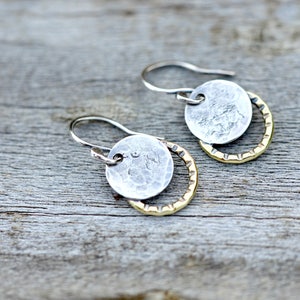 Small hammered silver moon earrings, handmade sterling silver earrings, two toned jewelry, everyday earrings image 3