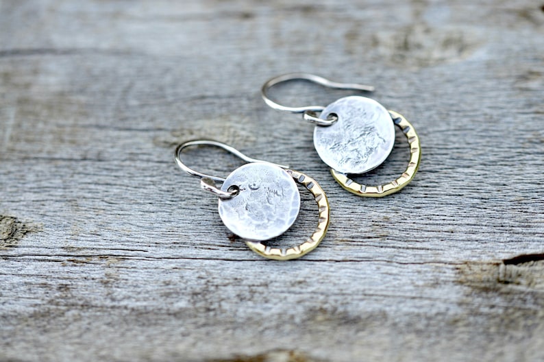 Small hammered silver moon earrings, handmade sterling silver earrings, two toned jewelry, everyday earrings image 3