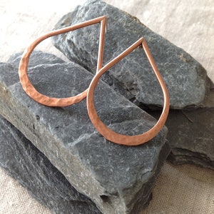 Copper earrings, teardrop post earrings, hammered copper hoops image 3