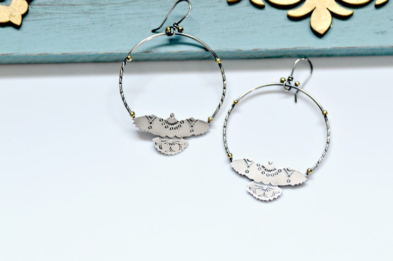 Copper hoop earrings featuring southwestern stamped hawks, nature inspired jewelry, handmade earrings image 4