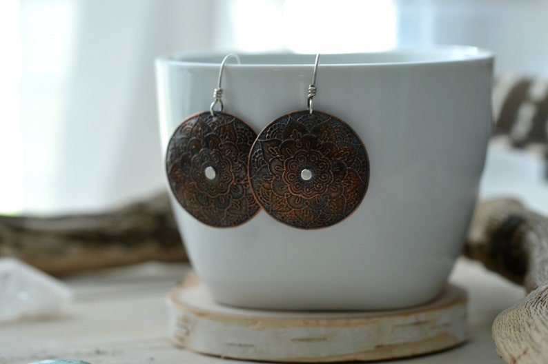 Copper Flower Earrings Large Dangle Earrings Mandala Etsy