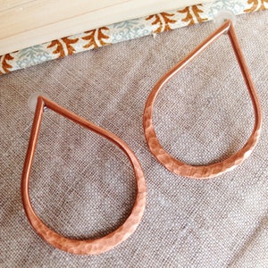 Copper earrings, teardrop post earrings, hammered copper hoops image 2