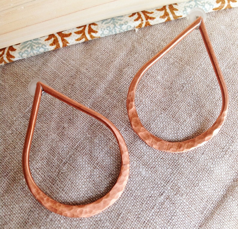 Copper earrings, teardrop post earrings, hammered copper hoops image 2