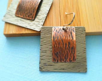 Handcrafted sterling silver and copper earrings, modern hammered earrings, metal earrrings, rustic jewelry