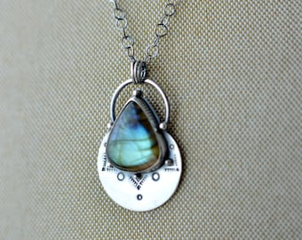 Stamped Labradorite necklace, statement necklace, labradorite pendant, silver necklace,