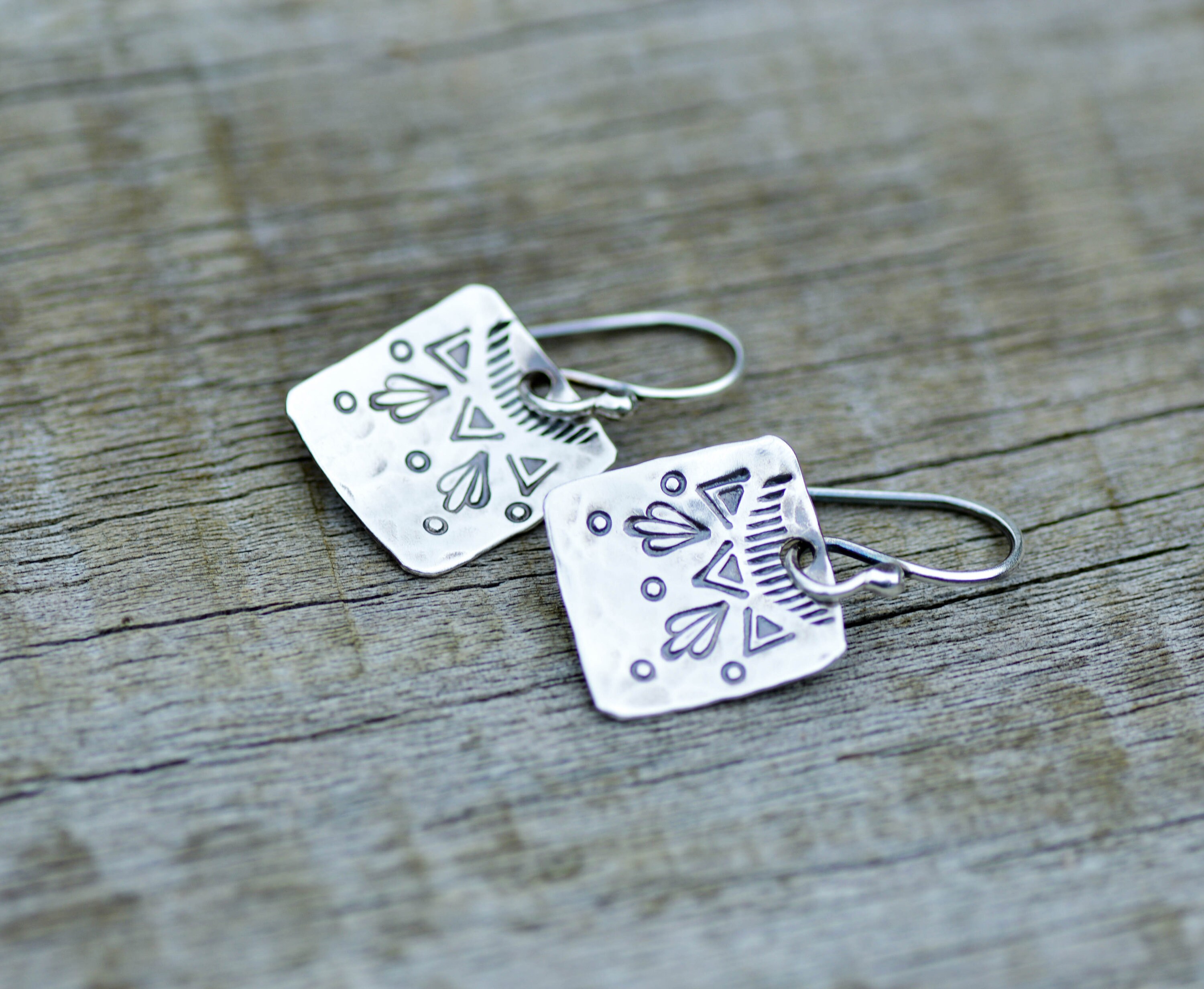 Dainty square silver earrings, bohemian stamped jewelry, everyday dan…