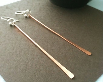 Hammered Copper Bar Earrings, Long Sterling Silver Wires, Modern Minimalist
