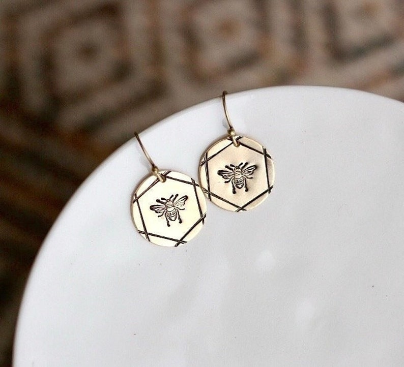 Small round bumble bee earrings, gold toned, sterling silver, nature inspired jewelry for everyday wear, gardening gift, handmade gift idea image 1