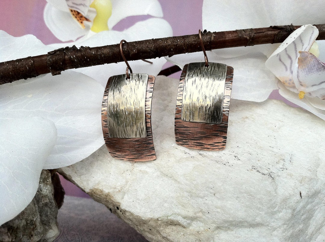 Sleek Copper and Silver Earrings, Hammered Metal Earrings, Mixed Metal