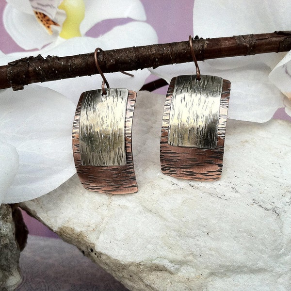 Sleek copper and silver earrings,  hammered metal earrings, mixed metal