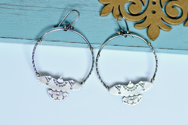 Copper hoop earrings featuring southwestern stamped hawks, nature inspired jewelry, handmade earrings image 6