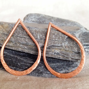 Copper earrings, teardrop post earrings, hammered copper hoops