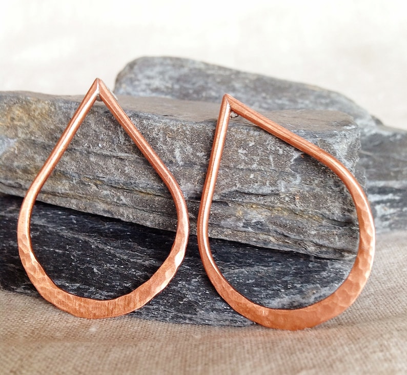 Copper earrings, teardrop post earrings, hammered copper hoops image 1