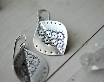 Large dangle earrings-silver stamped earrings-gift for her-artisan jewelry