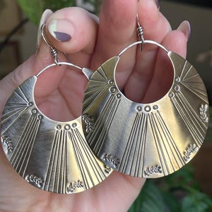 Brass floral mandala earrings, brass crescent earrings, , silver and brass, handmade artisan jewelry, big statement earrings image 1
