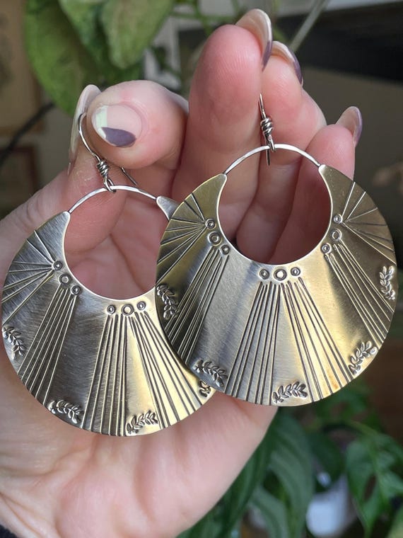 Brass floral mandala earrings, brass crescent earrings, , silver and brass, handmade artisan jewelry, big statement earrings