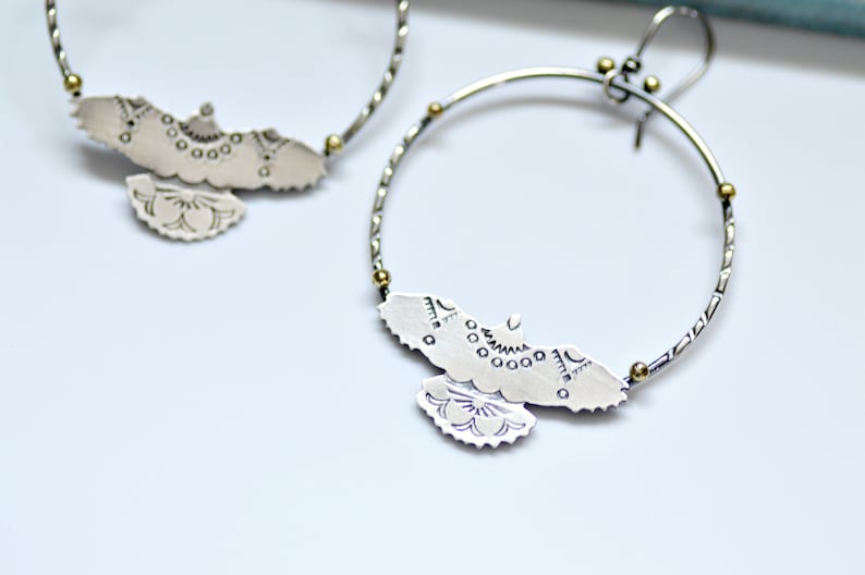 Copper hoop earrings featuring southwestern stamped hawks, nature inspired jewelry, handmade earrings image 2