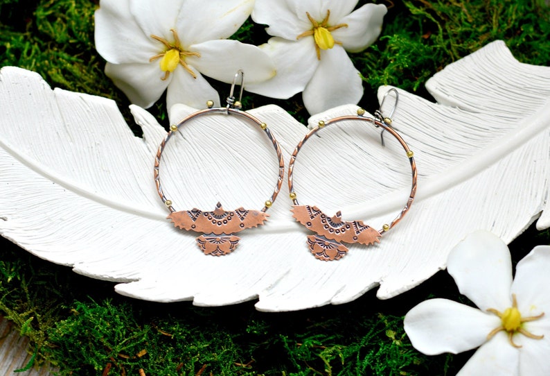 Copper hoop earrings featuring southwestern stamped hawks, nature inspired jewelry, handmade earrings image 1