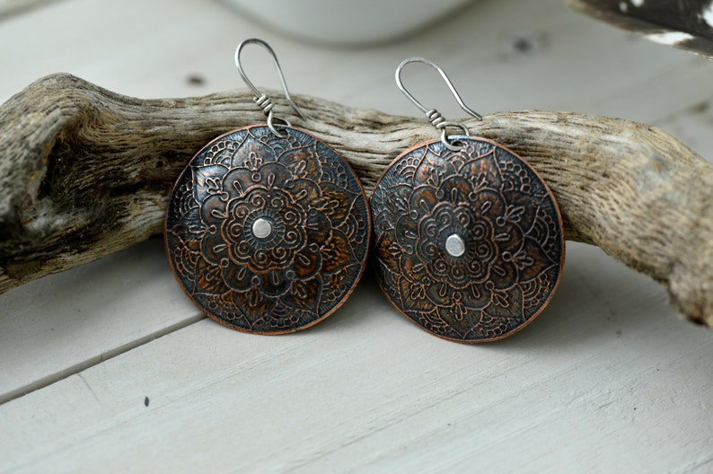 Copper Flower Earrings Large Dangle Earrings Mandala Etsy