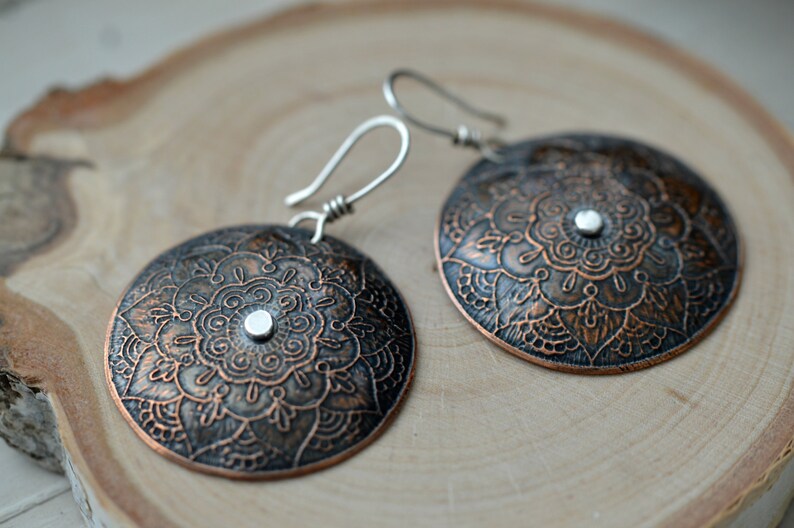 Copper Flower Earrings Large Dangle Earrings Mandala Etsy