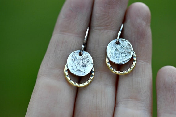 Small hammered silver moon earrings, handmade sterling silver earrings, two toned jewelry, everyday earrings