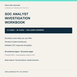 May include: A digital workbook titled SOC ANALYST INVESTIGATION WORKBOOK by HRW STUDIO CREATIONS. It features 12 cases, 96 tasks, explained answers, synthetic event data, incident handovers, and editable CSV templates in 29 pages plus 26 answer pages.