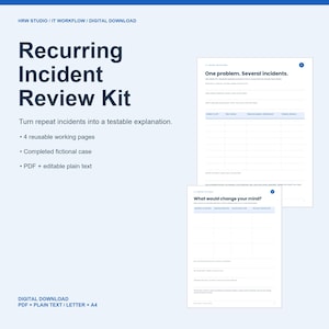 Kit zur Überprüfung wiederkehrender Vorfälle: Arbeitsblätter zur IT-Ursachenanalyse, Beispiel, PDF im A4-Format und bearbeitbarer Text