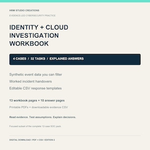 May include: A cream-coloured digital workbook titled Identity + Cloud Investigation Workbook by HRW Studio Creations. It features 4 cases, 32 tasks, explained answers, synthetic event data, incident handovers, and editable CSV response templates.