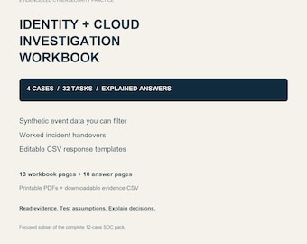 Könnte beinhalten: Ein cremefarbenes digitales Arbeitsbuch mit dem Titel Identity + Cloud Investigation Workbook von HRW Studio Creations. Es enthält 4 Fälle, 32 Aufgaben, erklärte Antworten, synthetische Ereignisdaten und bearbeitbare CSV-Antwortvorlagen.