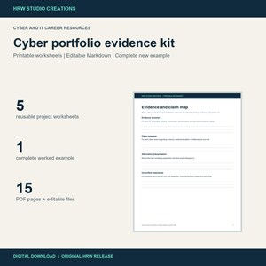 May include: A digital cyber portfolio evidence kit by HRW Studio Creations featuring 5 reusable project worksheets, 1 complete worked example, and 15 PDF pages with editable files. Includes an Evidence and claim map worksheet template.