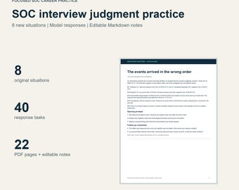 Könnte beinhalten: Ein digitales Dokument mit dem Titel SOC interview judgment practice von HRW Studio Creations. Es enthält 8 originale Situationen, 40 Antwortaufgaben und 22 PDF-Seiten. Eine Beispielseite zeigt eine technische Übung zu falsch geordneten Ereignissen.