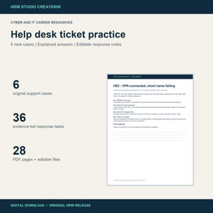 May include: A digital resource titled Help desk ticket practice by HRW Studio Creations. It includes 6 original support cases, 36 evidence-led response tasks, and 28 PDF pages with editable files for IT career training and skill development.