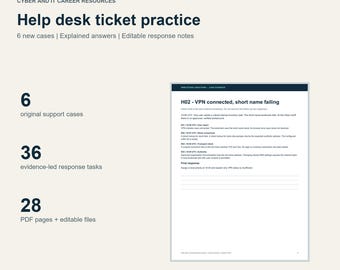 Könnte beinhalten: Eine digitale Ressource mit dem Titel Help desk ticket practice von HRW Studio Creations. Sie enthält 6 originale Support-Fälle, 36 evidenzbasierte Antwortaufgaben und 28 PDF-Seiten mit bearbeitbaren Dateien für IT-Karrieretraining.