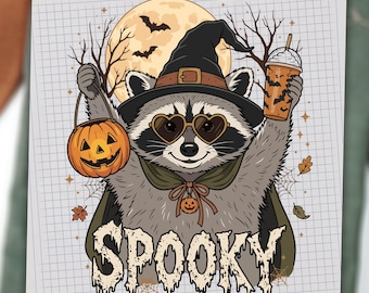 Spooky Raccoon DTF Transfer Ready to Press, Witch Raccoon Coffee Heat Transfer, Cute Pumpkin Halloween Animal DIY Iron On Decal