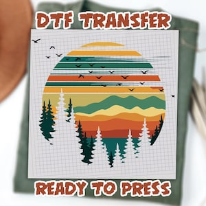 Forest Themed DTF transfers, Retro Pine Trees Sunset Ready To Press, Adventure Ready To Ship, Camping Gift Dtf, Retro Forest Dtf image 1