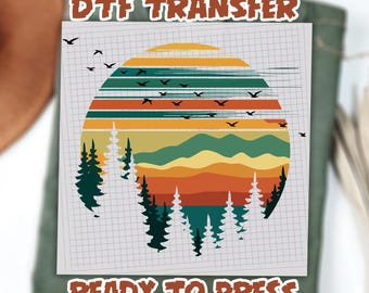 Forest Themed DTF transfers, Retro Pine Trees Sunset Ready To Press, Adventure Ready To Ship, Camping Gift Dtf, Retro Forest Dtf
