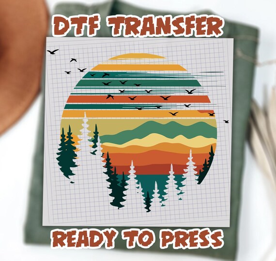 Forest Themed DTF transfers, Retro Pine Trees Sunset Ready To Press, Adventure Ready To Ship, Camping Gift Dtf, Retro Forest Dtf
