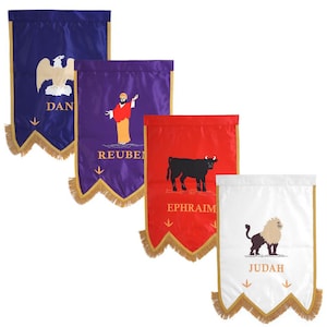 May include: Four colorful fabric banners with gold fringe. The banners are blue, purple, red, and white. Each banner features a different emblem and name: an eagle, a figure, a bull, and a lion. The names are Dan, Reuben, Ephraim, and Judah.
