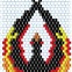 May include: Black, red, and yellow beaded earrings in a teardrop shape. The earrings are made with small seed beads and have a dangling design.
