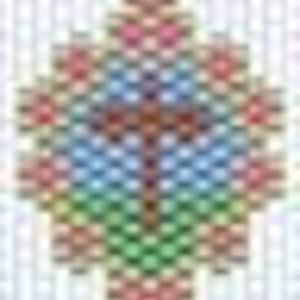 May include: A beaded ornament with a starburst design in shades of pink, green, blue, and gold. The center of the ornament features a brown cross.