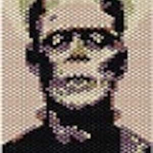 May include: A black and white pixel art image of Frankenstein's monster. The monster has a green face with black eyes and a black mouth. The monster is wearing a black shirt.