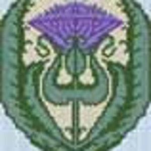 Puede incluir: Una flor de cardo estilizada de color púrpura con hojas verdes, un símbolo tradicional escocés.