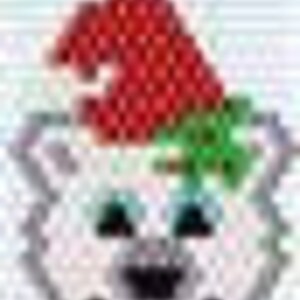 May include: A white polar bear face with a red Santa hat and green holly leaves. The bear has black eyes and a black nose. This festive design is perfect for Christmas ornaments or holiday-themed crafts.
