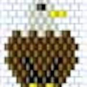 May include: A brown and white ceramic bird figurine with yellow accents. The bird is perched on a white base.