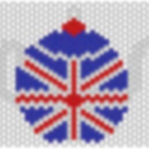 May include: A pixelated design featuring a blue and red geometric pattern resembling a stylized Union Jack. The design is centered on a white background, with a hexagonal shape and a red diamond at the top.