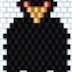May include: Black and gold robot figurine with red eyes. The robot is standing with its arms at its sides.