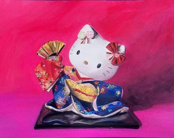 Cute Kitty statue in Japanese Clothing - Original Gouache painting, 9x12"